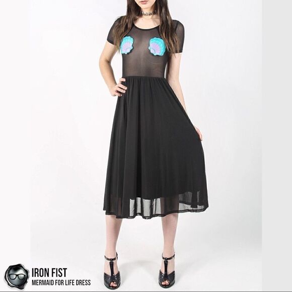 IRON FIST/DOLLS KILL MERMAID FOR LIFE LAYERED MESH DRESS IN BLACK HALLOWEEN MIDI - Picture 5 of 16